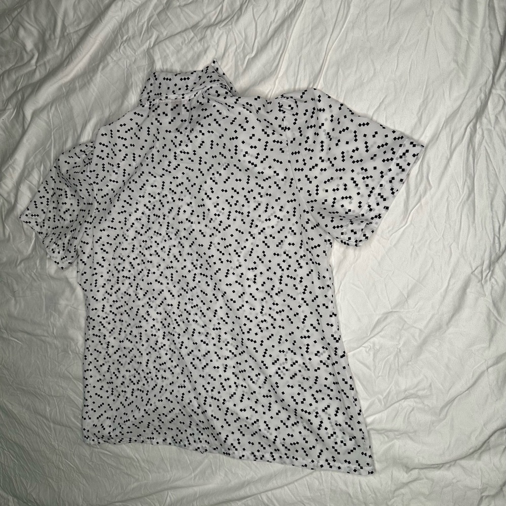 Vintage Judy Bond 70s Blouse White Black Dot Print Bow Neck Secretary Top Large - Picture 11 of 13